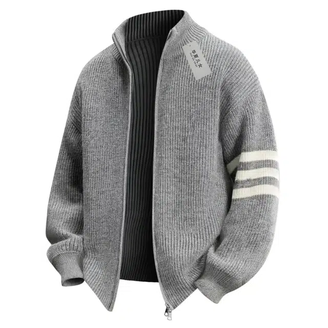 华夏儿女 高质量双拉链立领开衫美式简约经典三条纹休闲基础款纯色上衣外套亲肤柔软舒适高级感宽松复古慵懒夹克百搭针织衫 男女同款