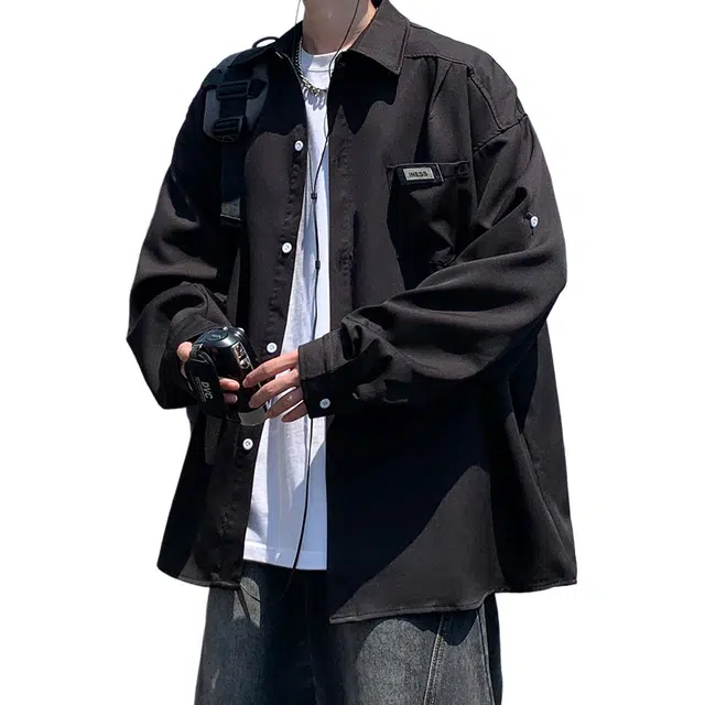 冈哉  美式古着经典纯色休闲翻领口袋宽松显瘦廓形开衫情侣衬衣春秋款长袖单排扣基础款叠感穿潮搭垂感痞帅舒适打底衬衫 男女同款