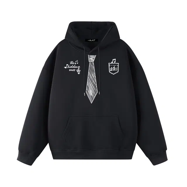 一人之下 美式休闲趣味音符五线谱口袋涂鸦领带字母印花潮流时尚个性百搭宽松舒适长袖连帽卫衣 男女同款