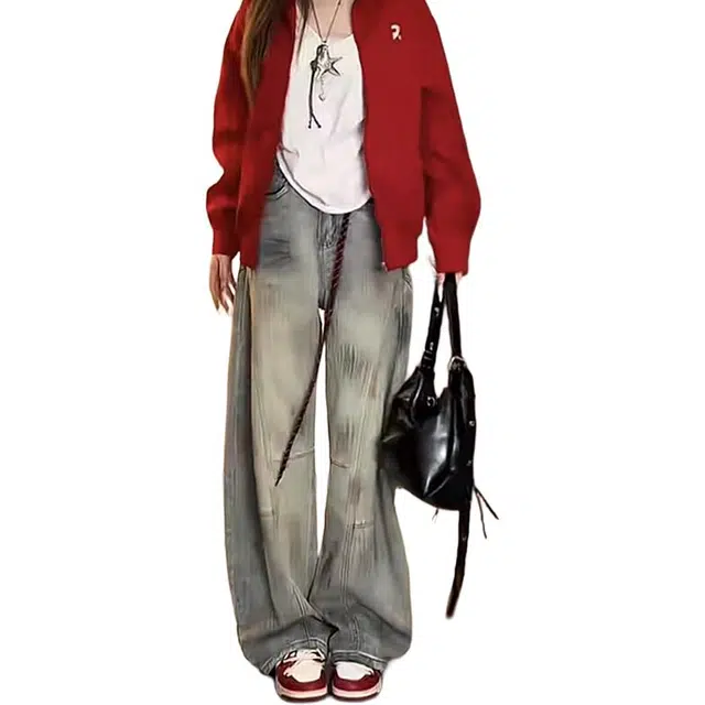 如续 早秋上新美式风格辣妹做旧效果脏染设计弯刀裤氛围时尚潮流高街直筒高腰宽松阔腿裤女生小个子款牛仔裤 女款