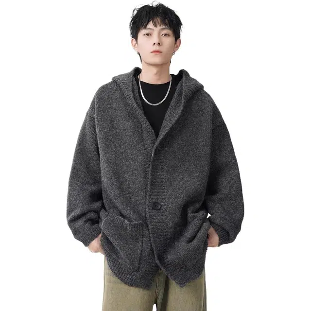 虫小绿 高级感纯色开衫秋冬季潮流痞帅宽松慵懒风休闲百搭通勤大口袋帽衫针织衫 男女同款