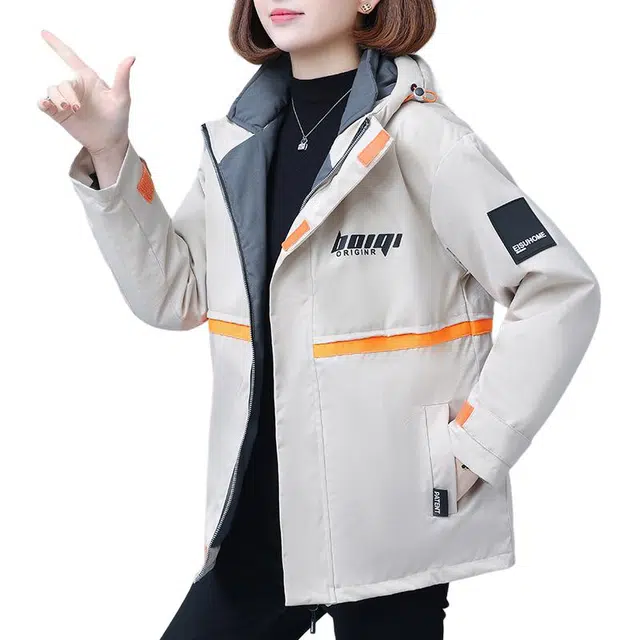 左岸 美式高街时尚潮流拼接设计字母印花韩系面包服棉衣防风抗寒保暖加厚机能工装外套运动休闲御寒厚实暖和棉袄炸街连帽派克棉服 女款