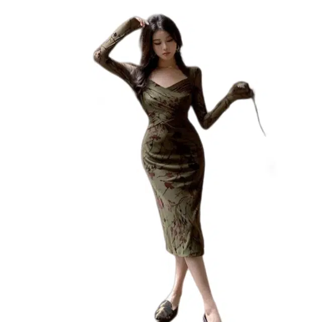 纤丝鸟 新中式扎染复古国风印染方领高级感改良旗袍潮长袖连衣裙 女款