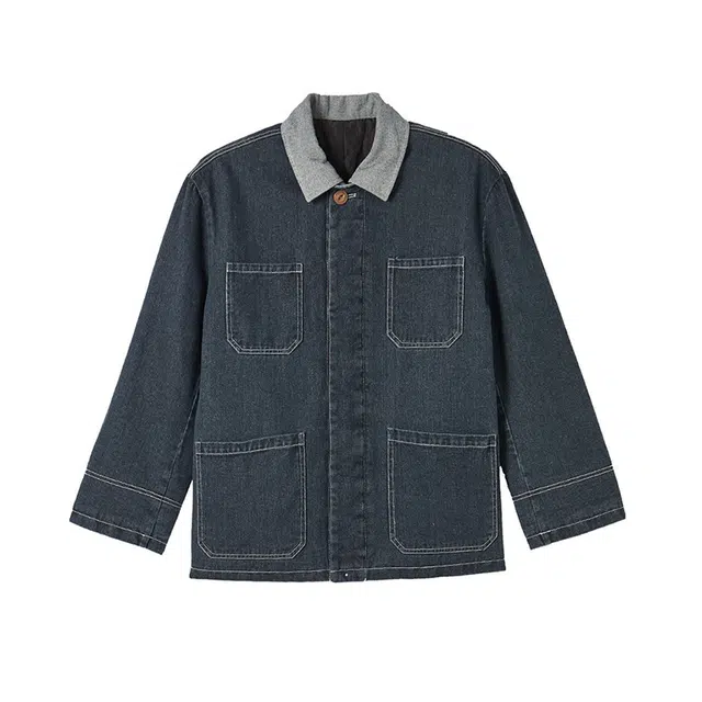 潞优野 时尚简约大方翻领撞色挺括有型绗棉深蓝牛仔外套 女款