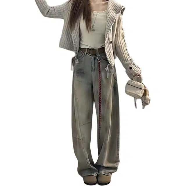 如续 秋季上新美式复古辣妹做旧脏染弯刀设计高街潮流高腰显瘦文艺高级百搭时尚直筒宽松阔腿裤女生小个子款牛仔裤 女款