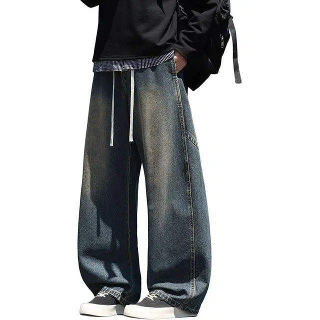 宝米卡 美式宽松简约长裤怀旧直筒松紧腰复古百搭高街裤子休闲舒适牛仔裤 男女同款
