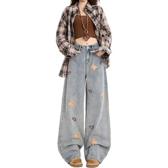 如续 美式复古卡通刺绣小熊阔腿宽松显瘦设计感百搭直筒拖地裤牛仔裤 女款