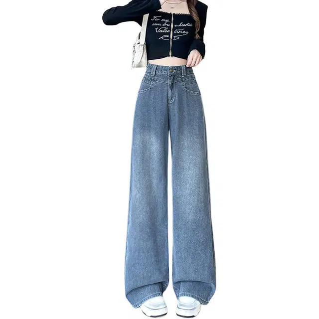 如续 星空纹复古显瘦阔腿宽松百搭直筒设计感拖地裤牛仔裤 女款