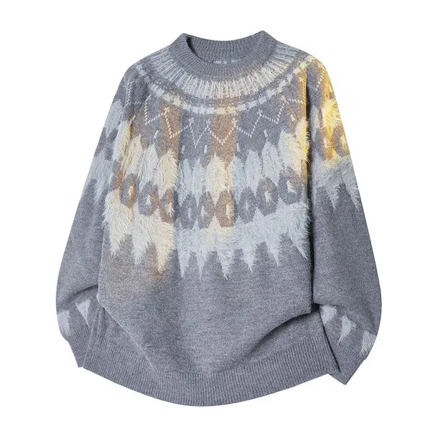 棉基因 费尔岛提花撞色柔软舒适加厚保暖御寒连帽毛领腰果花基础款百搭时尚休闲宽松打底衣针织毛衣 男女同款