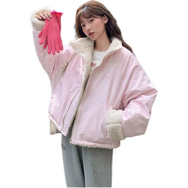 思蓓儿 秋冬两面穿棉衣加绒加厚强保暖韩系慵懒风超吸睛宽松显瘦不挑身材立领防风毛软乎乎一衣两穿超实用棉服 女款