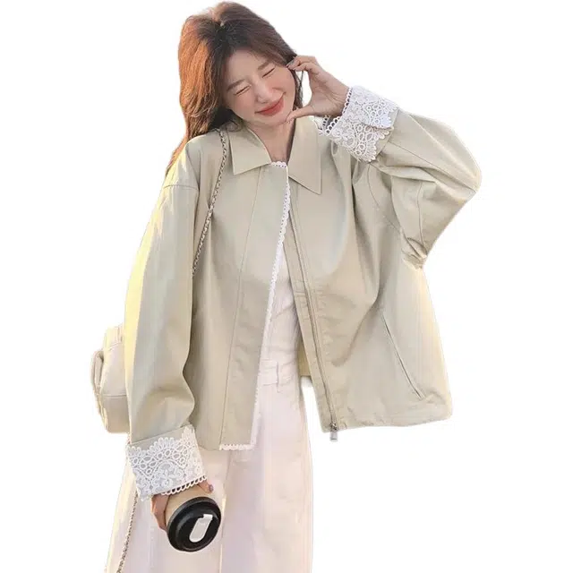 小卷要加油 独特超好看蕾丝拼接短外套女小个子休闲百搭上衣夹克 女款