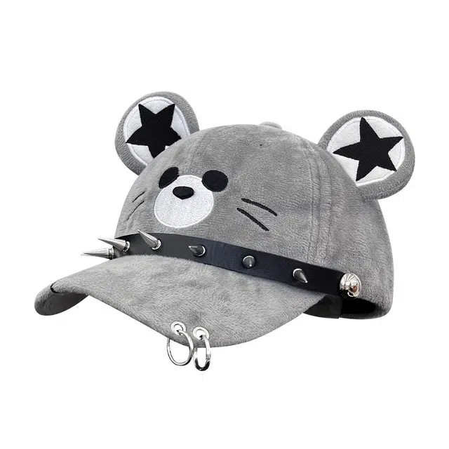 钓鱼熊 原创小众朋克暗黑铆钉可爱百搭 毛绒 鸭舌帽 男女同款情侣款