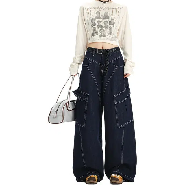 如续 美式复古斜线分割设计宽松阔腿工装牛仔裤 女款