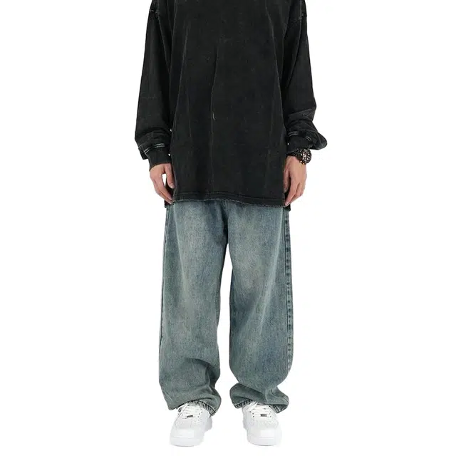 大格子与黑猫 美式复古水洗做旧蓝色宽松直筒阔腿坠感拖地老爹裤子男 牛仔裤 男款