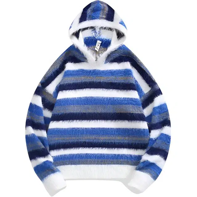 极限涡轮 美式复古高街小众痞帅潮蓝白条纹连帽撞色无性别主义穿搭亲肤柔软舒适时尚个性宽松休闲慵懒风毛茸茸盐系百搭上衣针织衫 男女同款