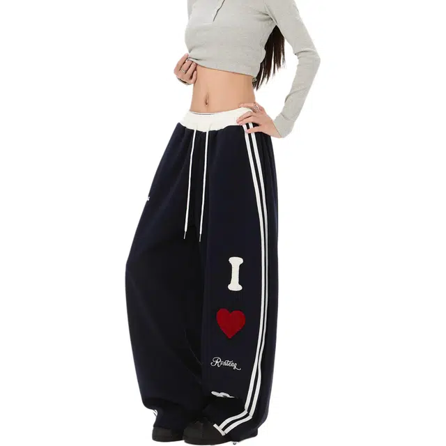 洋气先生 美式高街复古个性字母爱心侧边条纹小众设计感时尚潮流帅气百搭宽松阔腿垂感中腰直筒系带显高显瘦氛围感休闲裤 男女同款