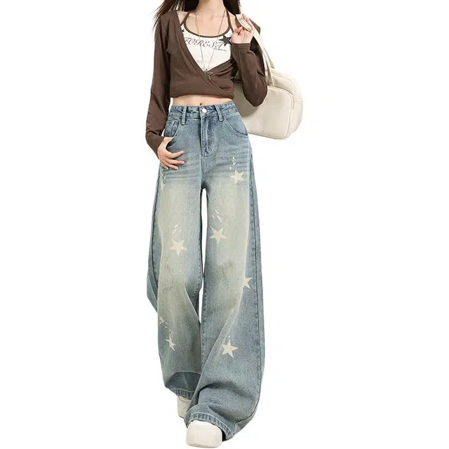 如续 美式复古星星印花阔腿女宽松直筒显瘦设计感拖地裤牛仔裤 女款