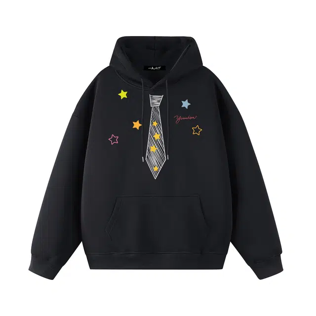 一人之下 美式休闲趣味卡通星星涂鸦领带字母印花宽松舒适日常通勤时尚潮流百搭个性慵懒感落肩连帽长袖卫衣 男女同款