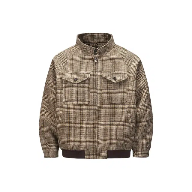 虫小绿 美式高级感千鸟格哈灵顿立领开衫外套春秋季潮流设计宽松休闲工装长袖上衣情侣百搭拉链夹克 男女同款