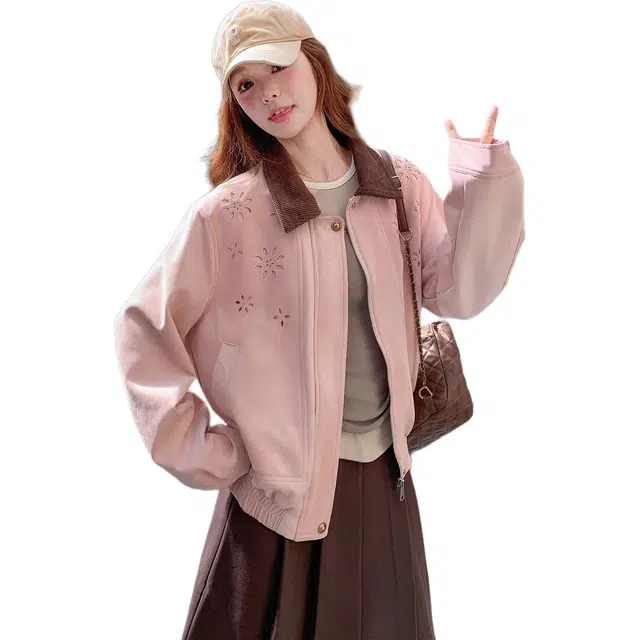 小卷要加油 韩系减龄粉色麂皮绒短外套女秋季巨好看设计感镂空小个子夹克 女款