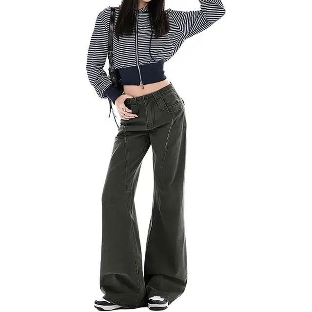 如续 美式复古微喇口袋工装风长裤秋季高腰时尚百搭宽松阔腿拖地牛仔裤 女款