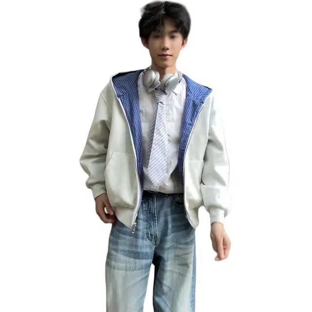 黑马漫画 双面穿格纹连帽开衫上衣男款秋季潮牌卫衣 男女同款