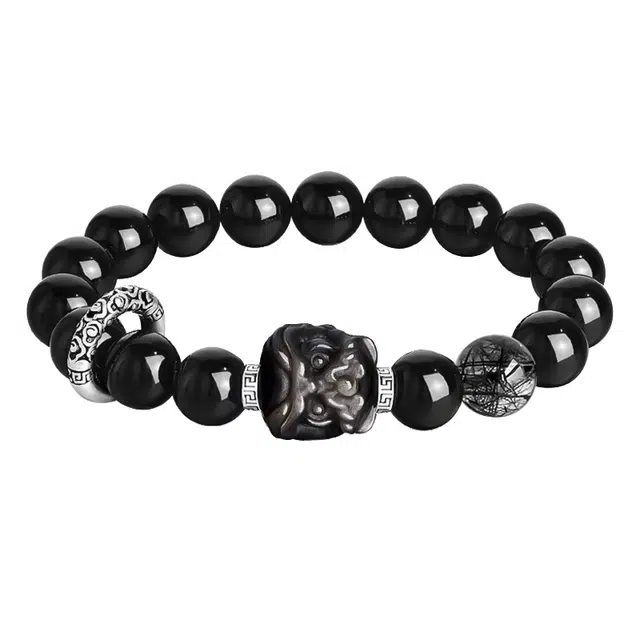 琛宬 【时来运转】祥云醒狮多财吸金新中式国风安康纳福招财吞金兽福气满满十二生肖平安文玩串珠盘玩佛珠 黑曜石 手串 男款