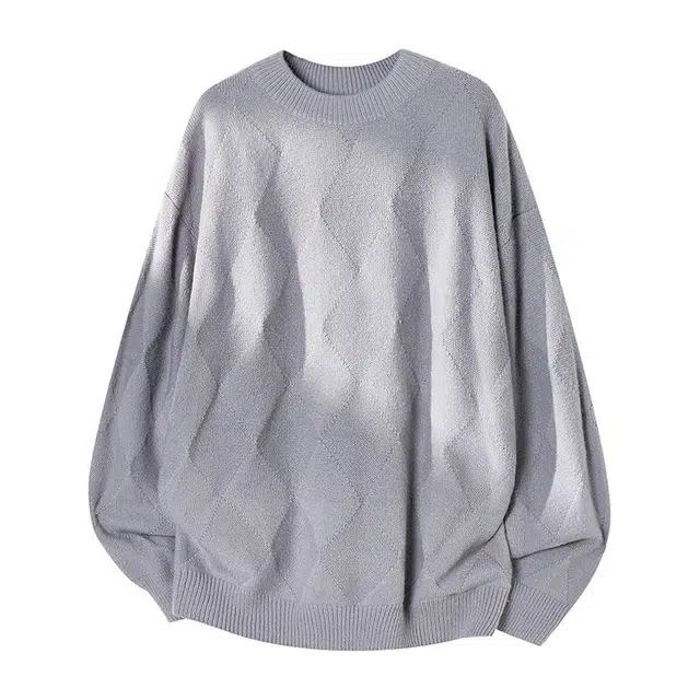 棉基因 文艺风不规则菱形格结构设计款针织长袖圆领上衣时尚高街潮流百搭宽松休闲毛衣 男女同款