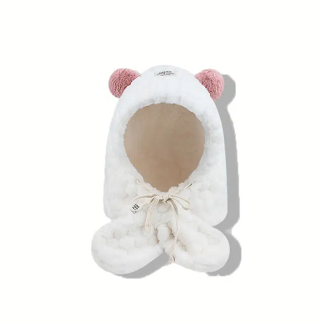 攸委 韩版甜美百搭毛绒熊耳朵帽子一体女秋冬季加厚保暖 聚酯纤维 斗篷帽 男女同款情侣款