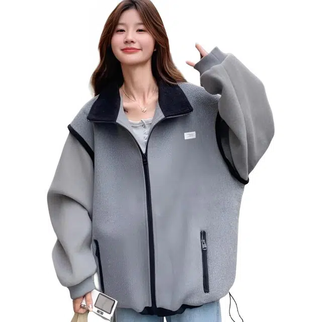 小卷要加油 灰色女韩系小个子独特超好看高级感休闲上衣绒感外套 女款