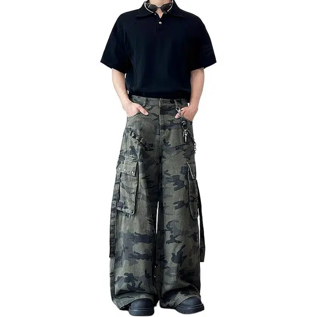 如续 美式复古风街头感迷彩多口袋设计感工装长裤情侣休闲阔腿户外牛仔裤 男女同款