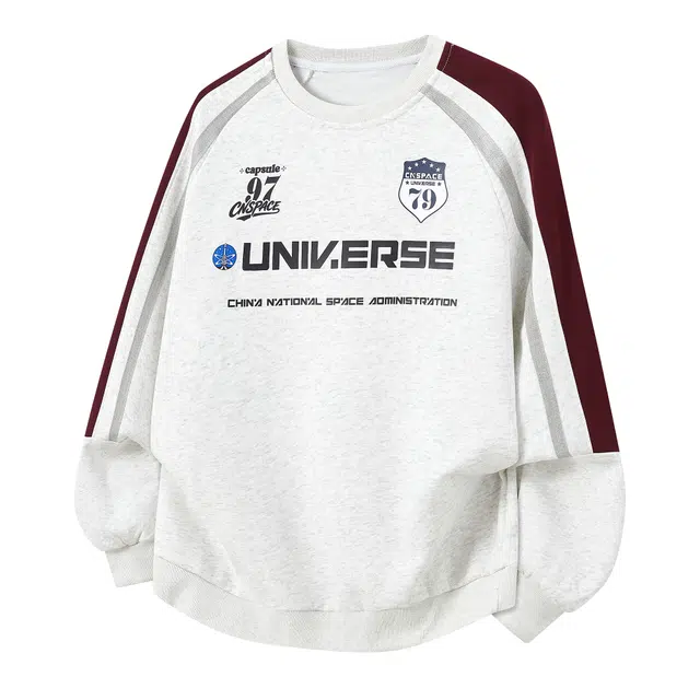 中国航天 美式复古运动侧边拼接撞色字母印花宽松休闲百搭潮流时尚长袖打底学院高级落肩袖圆领套头卫衣 男女同款
