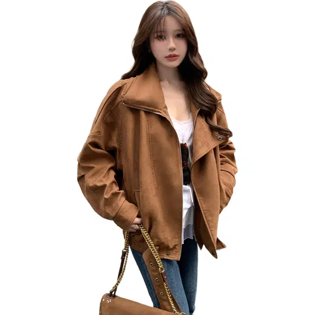 小卷要加油 美拉德复古麂皮机车服外套女秋季工装皮上衣夹克 女款