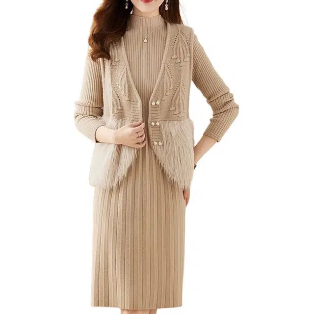 纤丝鸟 高端气质套装中长款两件套马甲打底毛裙长袖连衣裙 女款