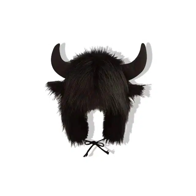 【秋冬必备】 攸委 可爱搞怪趣味牛魔王毛绒护耳帽女冬季保暖万圣节牛角帽造型 涤纶 加绒加厚防寒套头冷帽绒线帽雷锋帽 男女同款情侣款