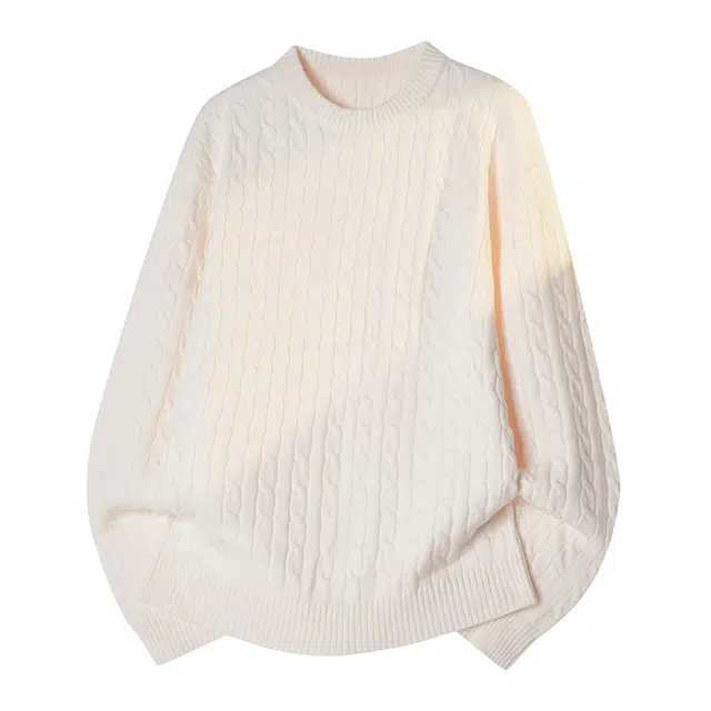 棉基因 文艺风编织肌理感纯色百搭麻花纹理圆领针织上衣不规则结构设计款保暖宽松毛衣 男女同款