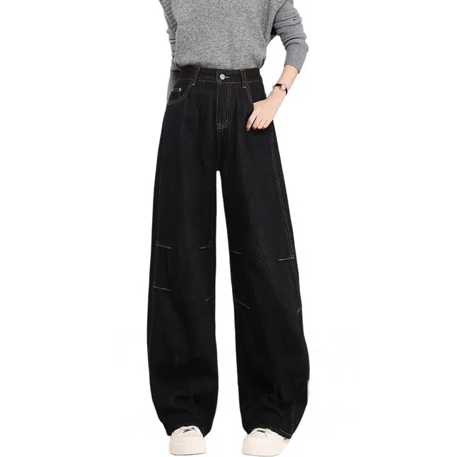 法文箱子 宽松适中高腰阔腿牛仔裤 女款