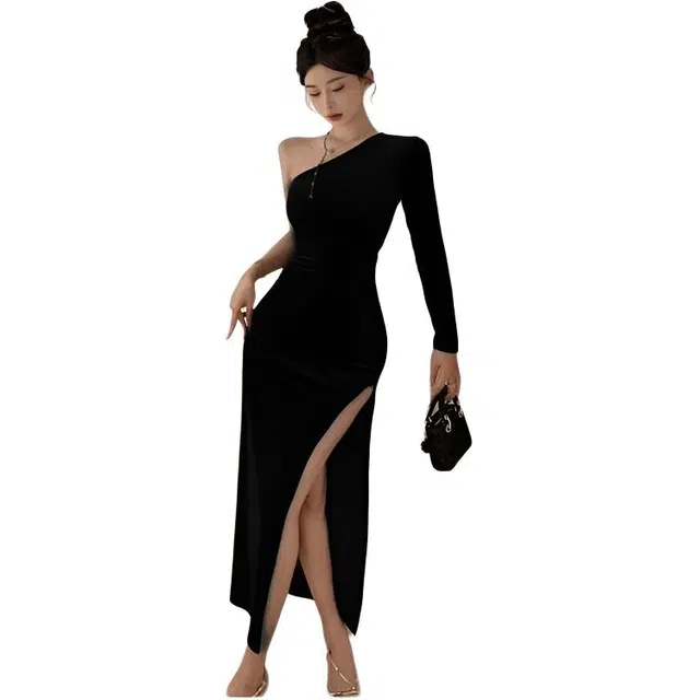 纤丝鸟 礼服裙时尚气质性感露肩收腰显瘦长袖连衣裙 女款