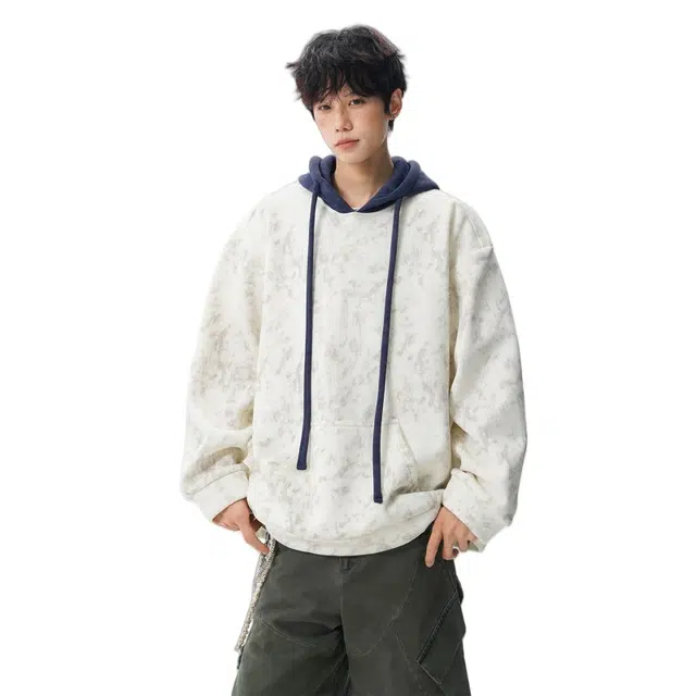 加荣 美式复古扎染连帽慵懒风松弛感外套撞色拼接设计感卫衫青少年痞帅潮流卫衣 男女同款