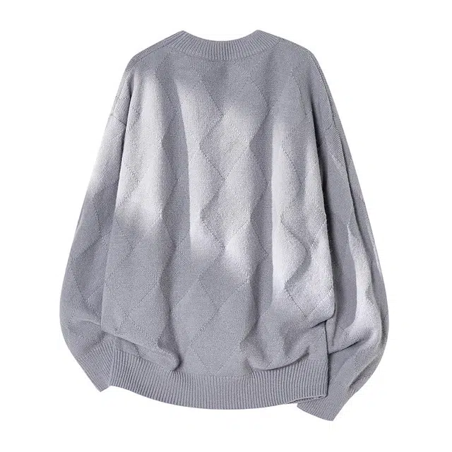 棉基因 文艺风不规则菱形格结构设计款针织长袖圆领上衣时尚高街潮流百搭宽松休闲毛衣 男女同款