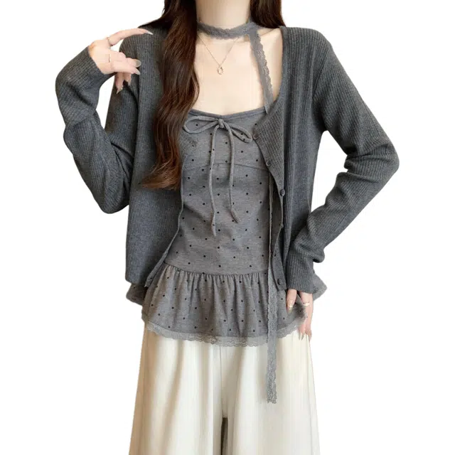 小卷要加油 韩系灰色外套女早秋波点吊带叠穿上衣针织衫两件套 女款