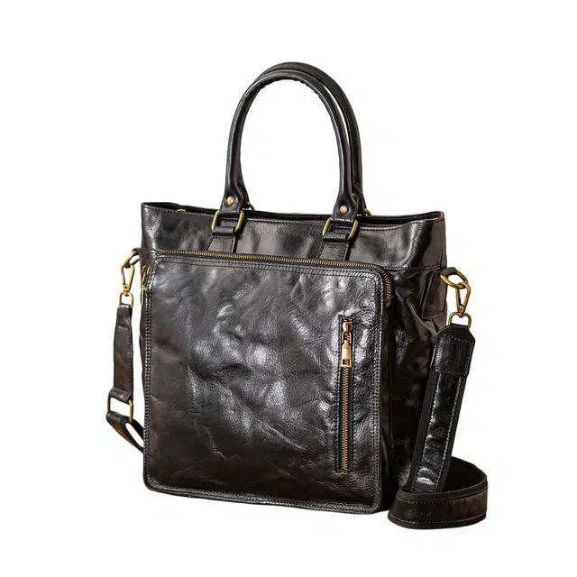 后步 百搭休闲大容量不撞款设计商务日常通勤 牛皮 手提包 大号 男款 黑色