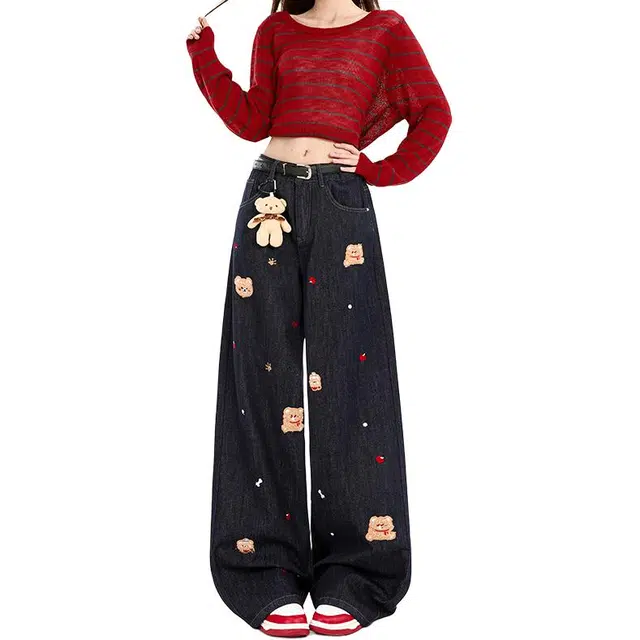 如续 趣味刺绣小熊阔腿女早秋直筒显瘦拖地裤牛仔裤 女款
