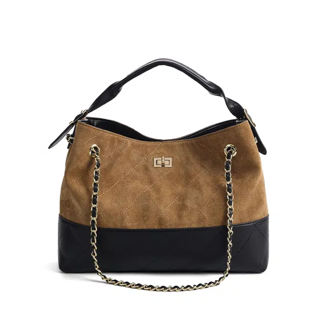 维尼奥 复古菱格纹链条单肩包秋冬绒面革棕黑拼色气质通勤经典锁扣小方包 合成革 手提包 常规 女款 棕色