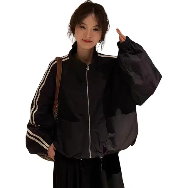 小卷要加油 美式复古立领冲锋衣外套女秋季韩系宽松休闲运动上衣夹克 女款