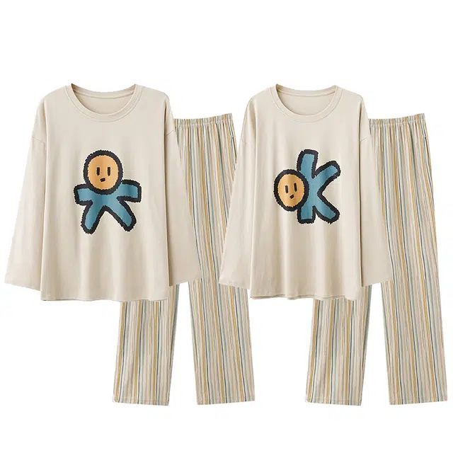 俏韵 圆领春秋季简约长袖长裤甜美舒适休闲高级家居服可外穿睡衣套装 男女同款