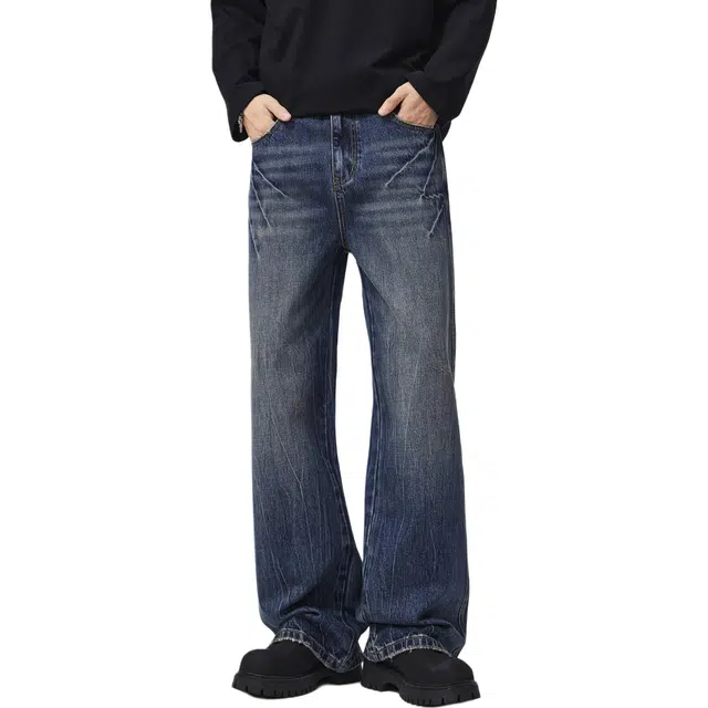 帝狼牛 高街做旧水洗闪电水波纹宽松直筒弹力垂感阔腿显瘦百搭牛仔裤 男女同款