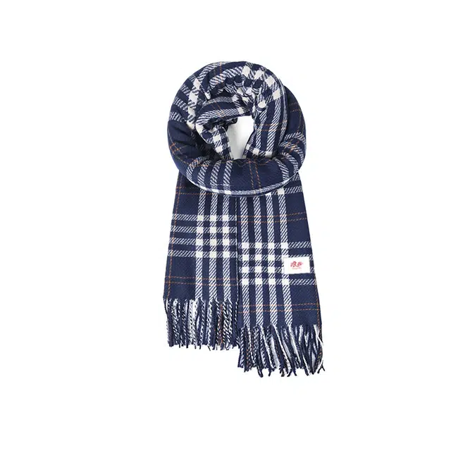 浪莎 秋冬季学院风软糯显白蓝粉色小格子仿羊绒流苏 聚酯纤维 绒线围巾 男女同款情侣款