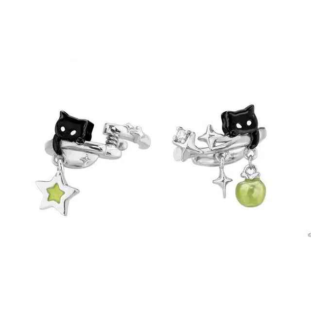 清脆小溪 黑猫青苹果星星小猫可爱精致高级感甜酷辣妹时尚个性通勤温柔百搭 合金 耳夹 男女同款情侣款