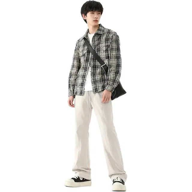 华夏儿女 美式复古宽松纯色百搭弯刀舒适运动潮牌斜切防水裤休闲裤 男款